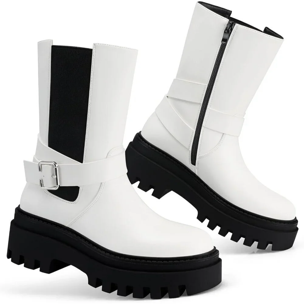 Women's White Chelsea Platform Boots Comfort Width Fall Winter Ankle Booties